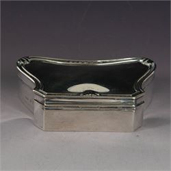 Early 20th century silver mounted jewellery box, with curved front and embossed palmette rim, opening to revel padded interior with weighted base, hallmarked A & J Zimmerman Ltd, Birmingham 1911, H3cm, W11cm