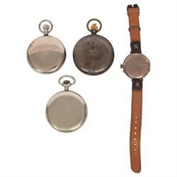 Nickle jump hour pocket watch, gunmetal chronograph pocket watch with two subsidiary seconds dials, back case engraved No. 1 G.P.O G.M.36, Barrage pocket watch and a silver manual wind presentation wristwatch, the back case engraved and dated 1915, case London import mark 1914
