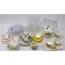  Collection of Victorian and later commemorative pressed glass plates, two Minton Haddon Hall cups & saucers, Royal Crown Derby coffee cup and other tea wares in two boxes  