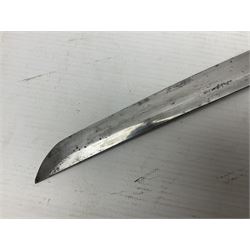 Good quality Japanese sword blade with later WWII fittings and scabbard  - 67.5cm slightly curving blade with unmarked tang, plain iron tsuba and lacquered grip with copper mounts; in lacquered wooden scabbard with tape bound tip L94cm overall