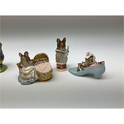 Fifteen Beswick Beatrix Potter figures, comprising Tommy Brock, The Old Woman who live in a Shoe, Samuel Whiskers, Foxy Whiskered Gentleman, Old Mr Brown, Mr Benjamin Bunny and Peter Rabbit, Tailor of Gloucester, Goody Tiptoes, Mr Benjamin Bunny, Diggory Diggory Delvet, Jemima Puddleduck, Aunt Pettitoes, Hunca Munca, Rebeccah Puddle-Duck, and Lady Mouse. 