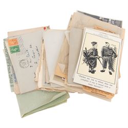 Collection of war time letters, postcards and other ephemera, including WWI period letters between Johnny Greenwood and Dolly Elliott, silk postcards, watercolours, etc 