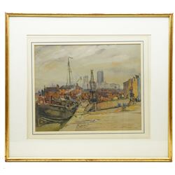 Frederick (Fred) Lawson (British 1888-1968): 'Lincoln' Docks with Cathedral Behind, watercolour signed titled and dated 1930, 36cm x 44cm