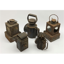  Two LNER Welch Patent railway lamps, each of typical square section form, one bearing station plaque 'Medge Hall' (on the Doncaster to Cleethorpes line) H25cm excluding swing handle, BR lamp with revolving coloured filters and two other lamps (5)  