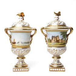 Two Coalport Eagle commemorative urns, painted with a scene of Glamis Castle and The Old C...