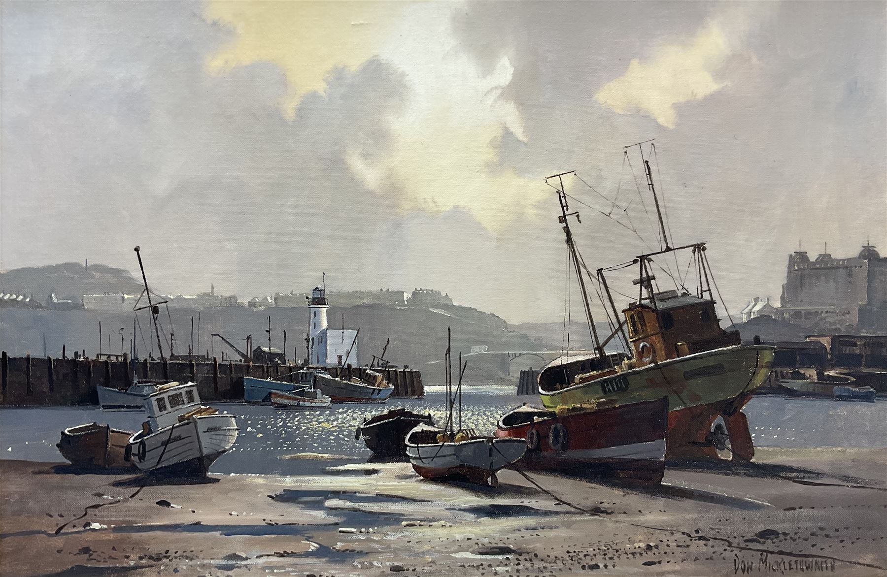 Don Micklethwaite (British 1936-): Boats at Rest in Scarborough Harbour, oil on canvas board signed 40cm x 59cm