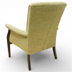Parker Knoll - ‘Froxfield’ armchair, with upholstered back and seat in striped green fabric, on dark stained bentwood arms and front supports