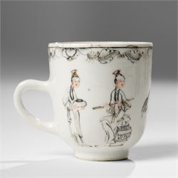 Chinese Yongzheng period coffee cups and saucer, painted in grisaille with figures in traditional landscapes and heightened in gilt (3)