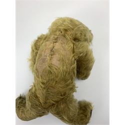Early 20th century English teddy bear, WW1 period, with wood wool filled mohair body, fixed head with one boot button eye and vertically stitched nose and mouth and jointed limbs with cloth paw pads H16