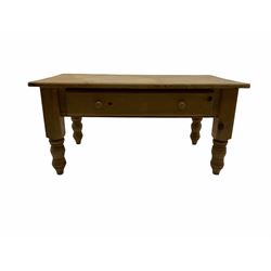 Waxed pine rectangular coffee table, with drawer