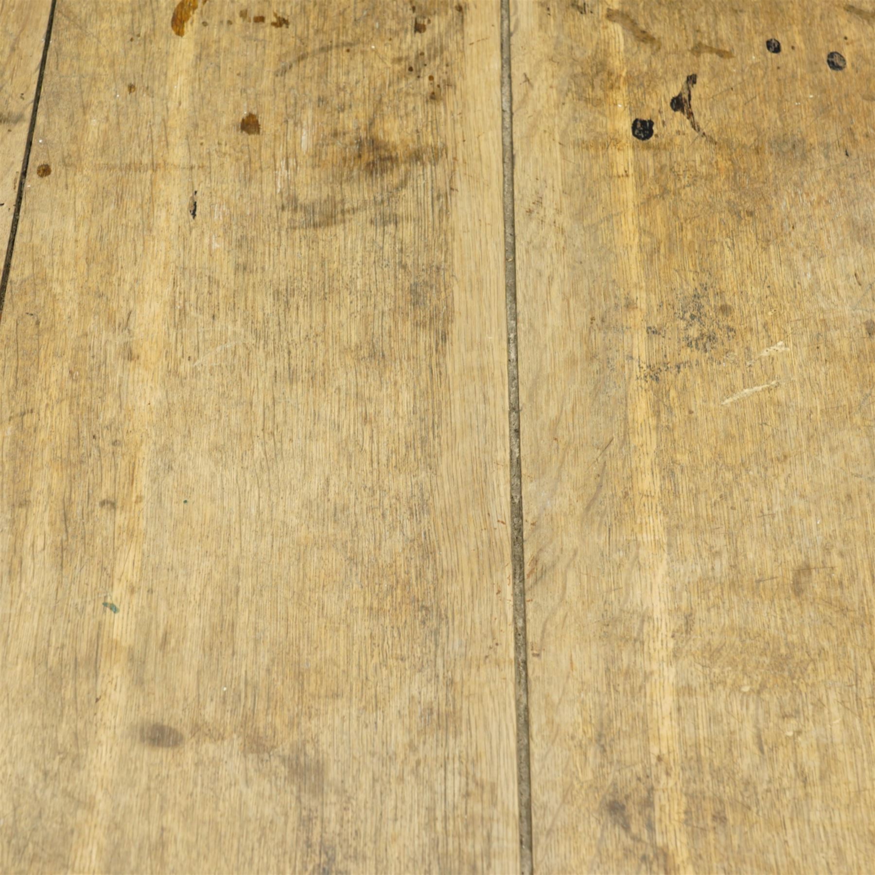 19th century oak and pine cricket table, circular plank top on painted base, tapering supports