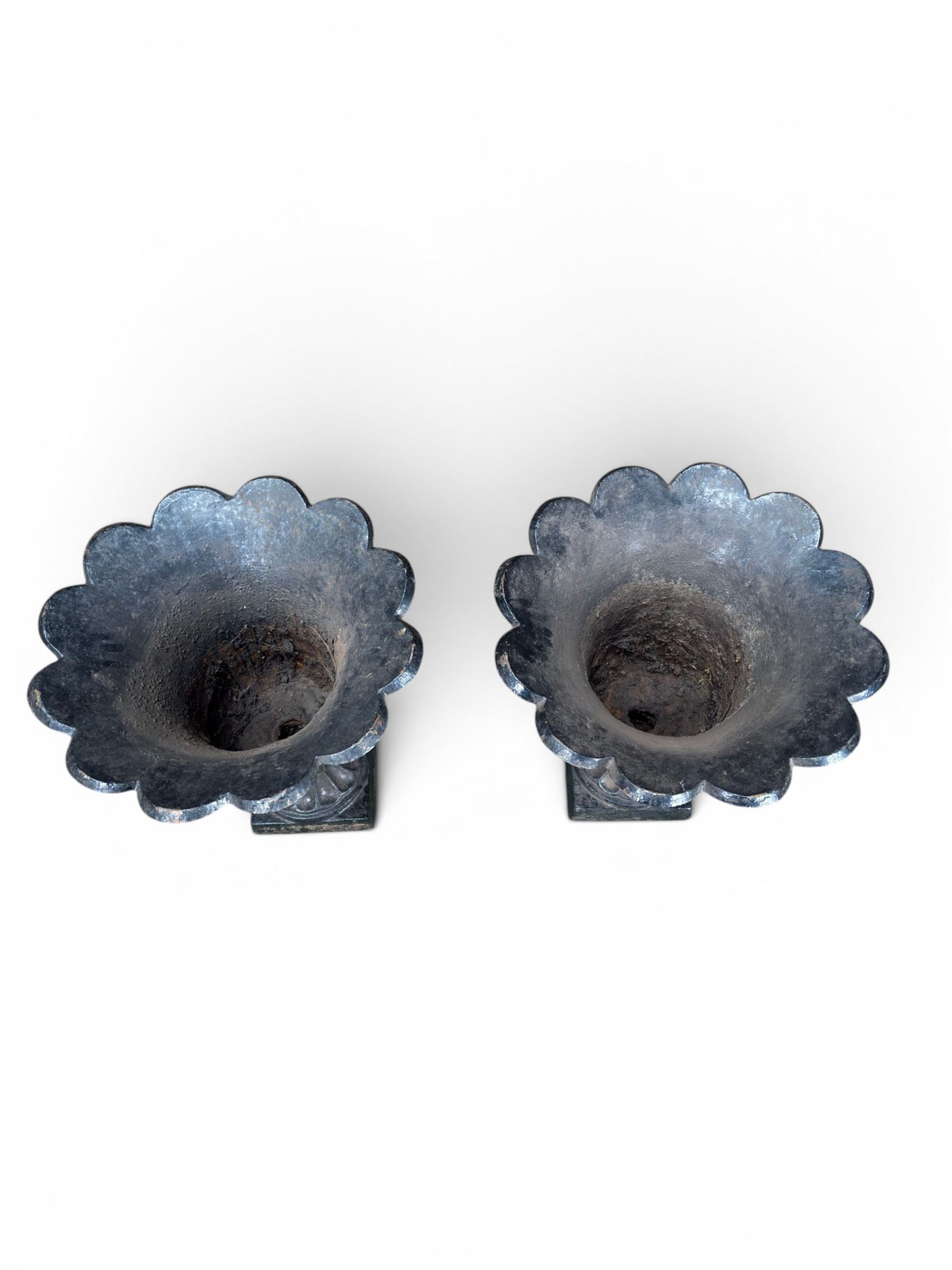Pair of Victorian large scale cast iron garden urns, flared petal shaped rim with tapering waist, gadrooned base on square plinth, finished in black paint