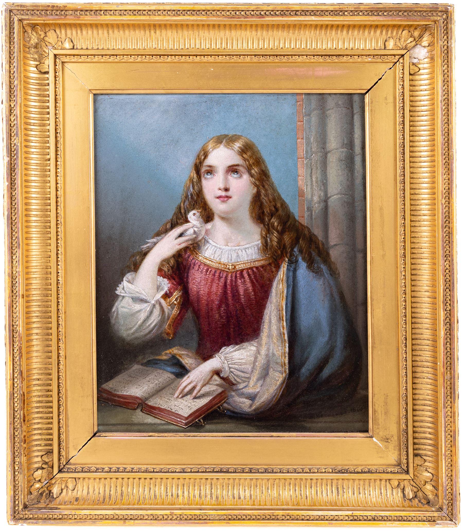 Siegfried Detlev Bendixen (German 1786-c1864): 'Faith' and 'Love', pair oils on panel faintly signed and one dated 1866, titled and inscribed verso 'Painted by S Bendixen 1866 and finished for the Countess of Tyrconnel at Kiplin March 1867', relating these to Kiplin Hall, near Richmond, and the Countess Sarah Carpenter (1799-1868), 27cm x 22cm (2)
Notes: Although the death of the artist is widely recorded as 1864, there is little information available regarding his time in England after moving to London in 1832, and the circumstances of his death are unknown. These portraits being dated 1866/1867 plausibly suggests that he died at a later date.