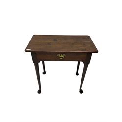 George III oak low boy, fitted with single drawer, raised on tapered supports with pad feet