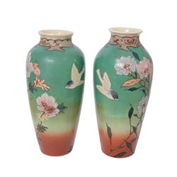 Japanese ceramics, comprising pair of Imari plates, pair of Imari bowls, pair of Satsuma bottle vases and two pairs of baluster form vases each decorated with birds amongst flowering branches, tallest vase H23cm