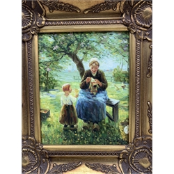 Dutch School (Late 20th century): Mothers and Children, pair oils on board indistinctly signed 24cm x 19cm (2) 