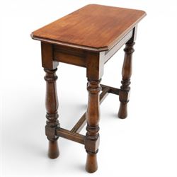 Victorian oak extension table or side table, rectangular moulded top with rounded corners, pull-out extending action, reeded frieze, on turned supports united by H-shaped stretchers
