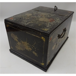  19th century Japanese ladies travelling dressing table chest, with gold lacquer decoration, hinged lid with folding mirror above two short and one long drawer, W21cm x D28cm x H18cm   