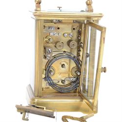 French 8-day timepiece carriage clock with brass case with four bevelled glass panels, 11cm