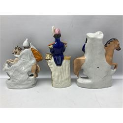 Quantity of Victorian and later Staffordshire style figures, to include examples upon horseback, sheep, drummer etc