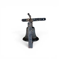 19th century cast iron outdoor bell bracket with bronze bell, lever action, finished in black paint