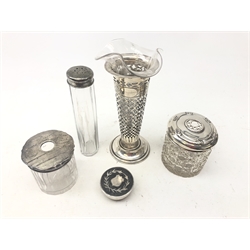  Silver trumpet vase by William Neale, Chester 1900, matched glass trumpet vase, two glass dressing table jars with silver lids and similar items (6)  