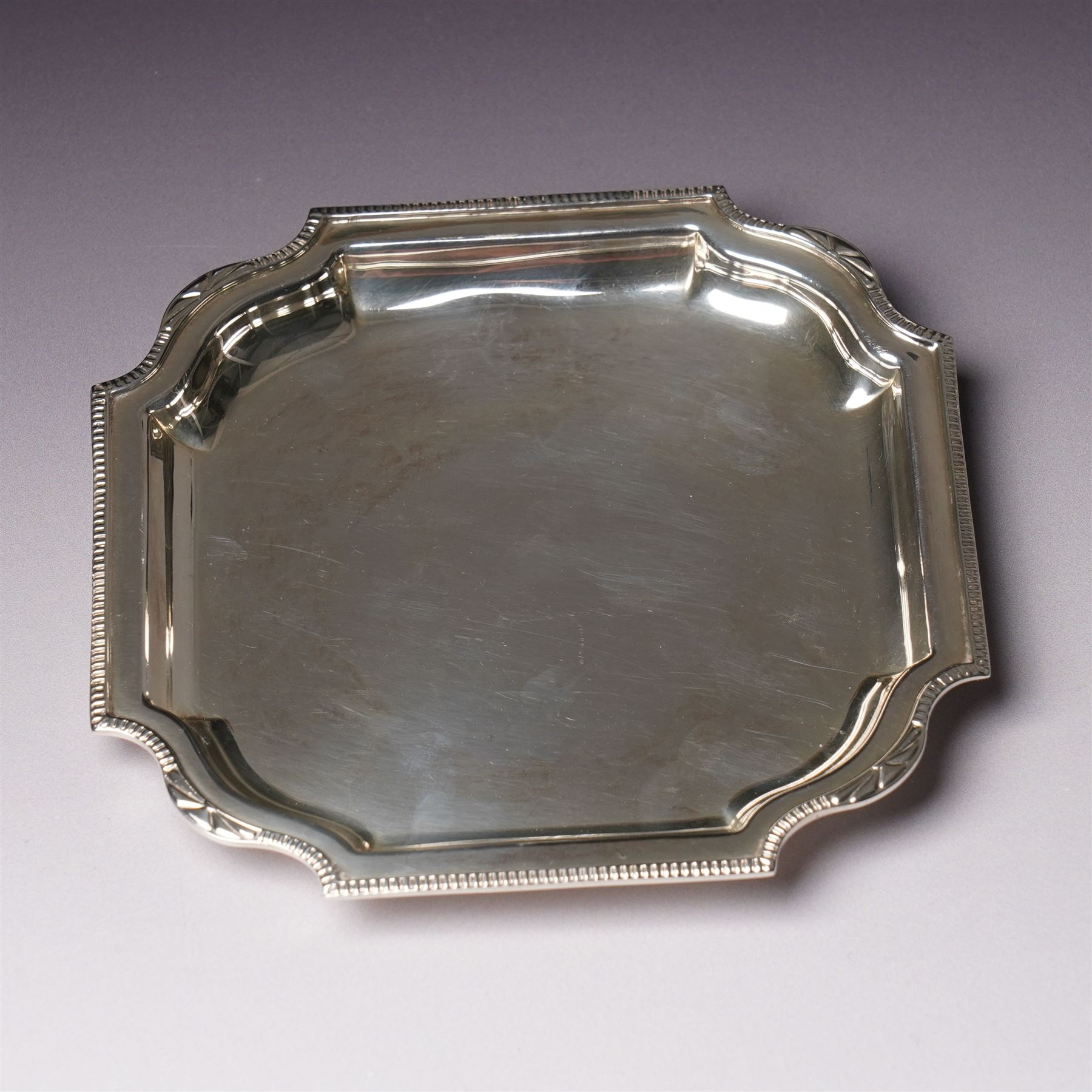 Small square silver salver or card tray with bead edge and indented corners W14cm Sheffield 1935 Maker Stower & Wragg Ltd