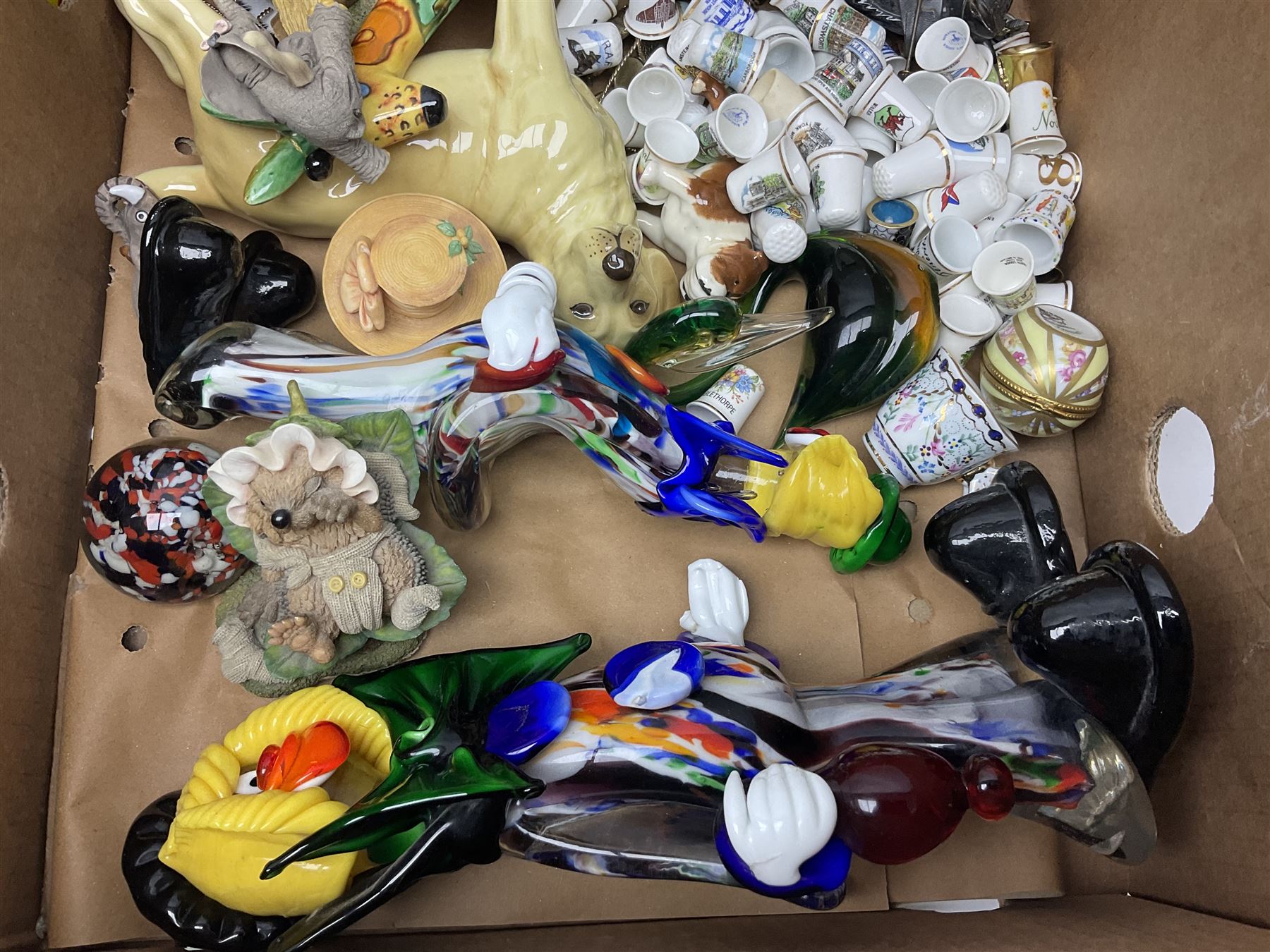 Quantity of ceramics to include Limoges egg box decorated with flowers, Limoges miniature furniture, Beswick bulldog and blue tit figures, Royal Worcester Palissy, pair of Chinese vases, Japanese tea wares, collection of thimbles, Crown Staffordshire, teawares, together with two Murano style glass clowns etc