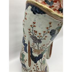 Large Japanese Imari porcelain figure, modelled as a Bijin, wearing a long kimono decorated with apple blossom and leafy branches on a white ground, with gilt detailing, possibly Edo period, H63cm