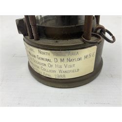 Miners Lamp The Protector, Eccles no 3533, with engraved plaque, H26cm