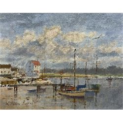 William Burns (British 1923-2010): 'Woodbridge Suffolk - Small Boats and Tide Mill', oil on board signed, titled verso 21cm x 26cm (unframed) Provenance: Direct from the family of the artist. Notes: Born in Sheffield in 1923, William Burns RIBA FSAI FRSA studied at the Sheffield College of Art before the outbreak of the Second World War, during which he helped illustrate the official War Diaries for the North Africa Campaign, and was elected a member of the Armed Forces Art Society. On his return, he studied architecture at Sheffield University and later ran his own successful practice, being a member of the Royal Institute of British Architects. However, painting had always been his self-confessed 'first love', and in the 1970s he gave up architecture to become a full-time artist, having his first one-man exhibition in 1979.