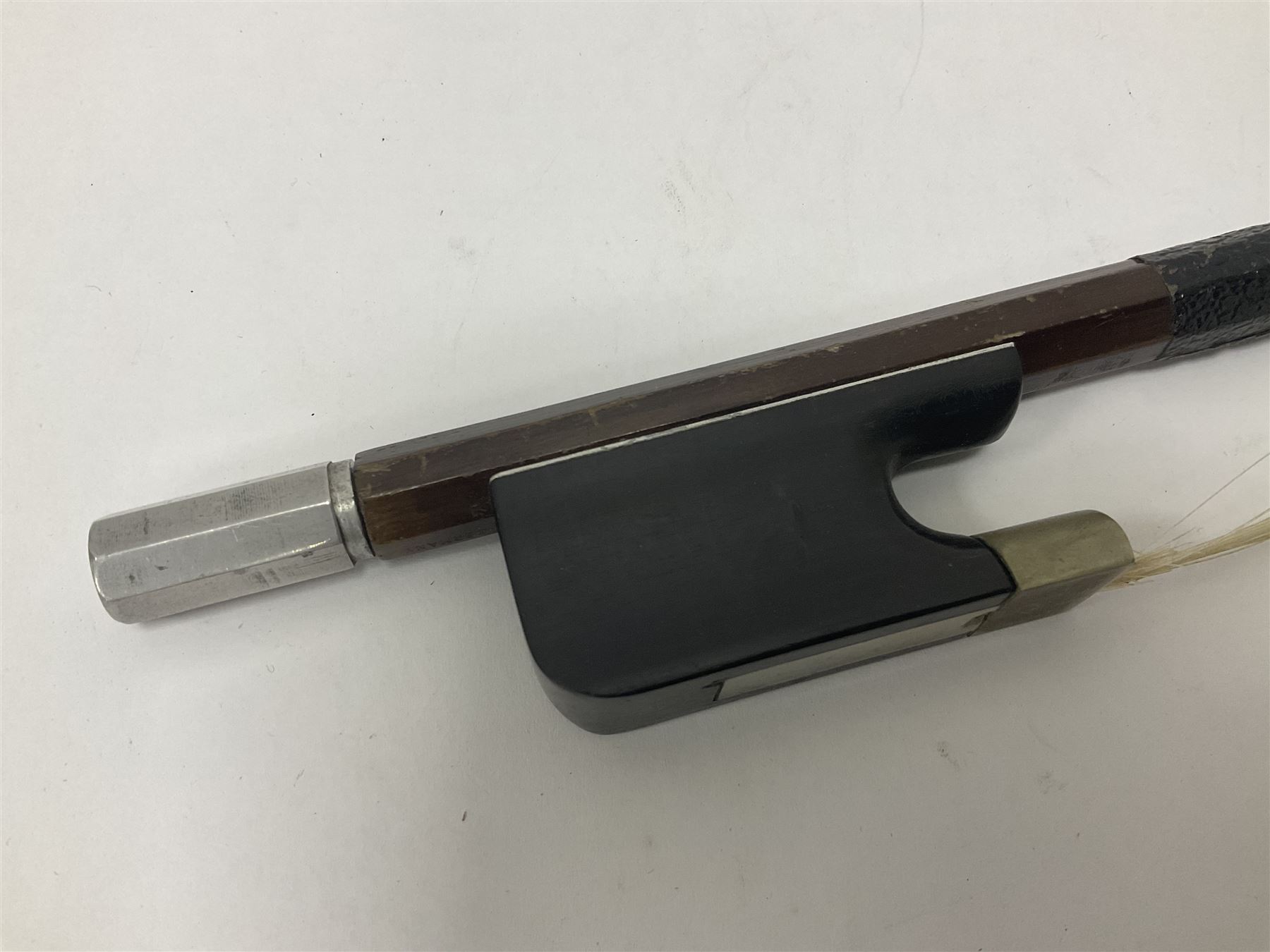 Wooden double bass bow with a mother of pearl inlay to the frog Length 71cm