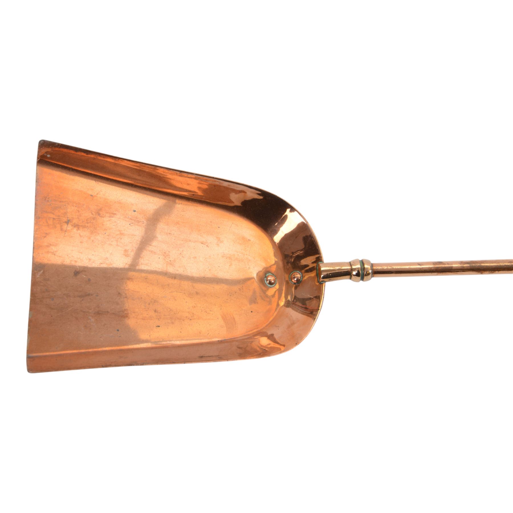 19th century copper companion set and fire dogs, dogs H40cm