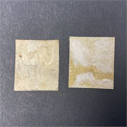 Great Britain Queen Victoria penny black stamp with red MX cancel and 1840 two pence blue stamp with black MX cancel