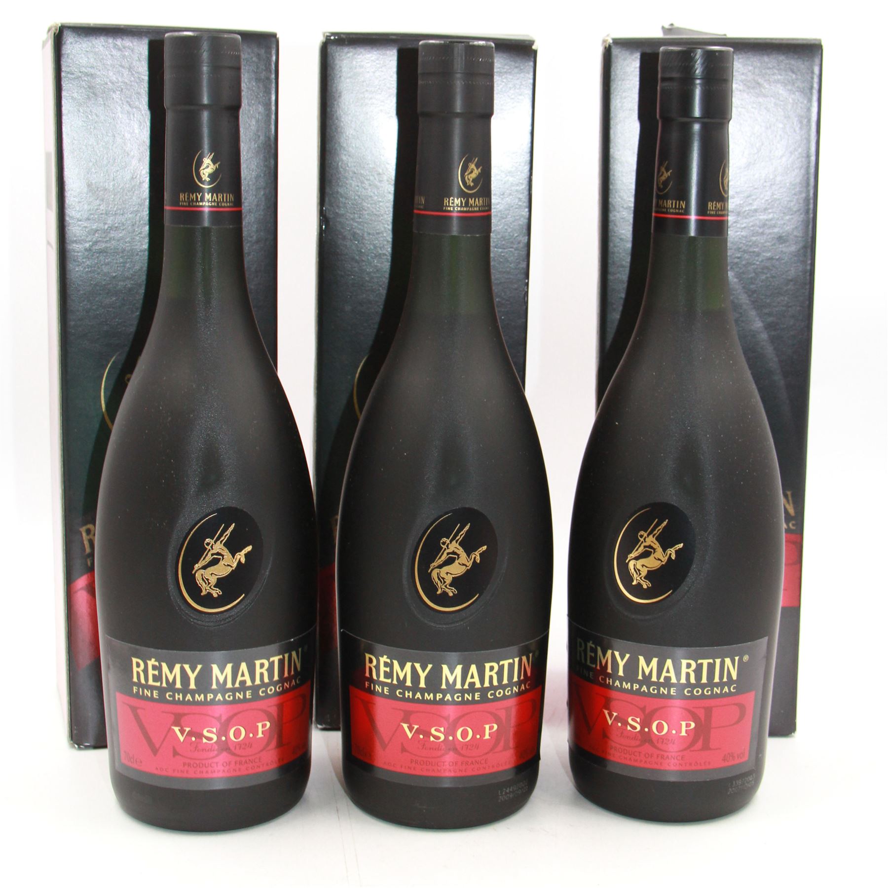 Three bottles Remy Martin V.S.O.P champagne cognac, 70cl 40% vol, in original boxes