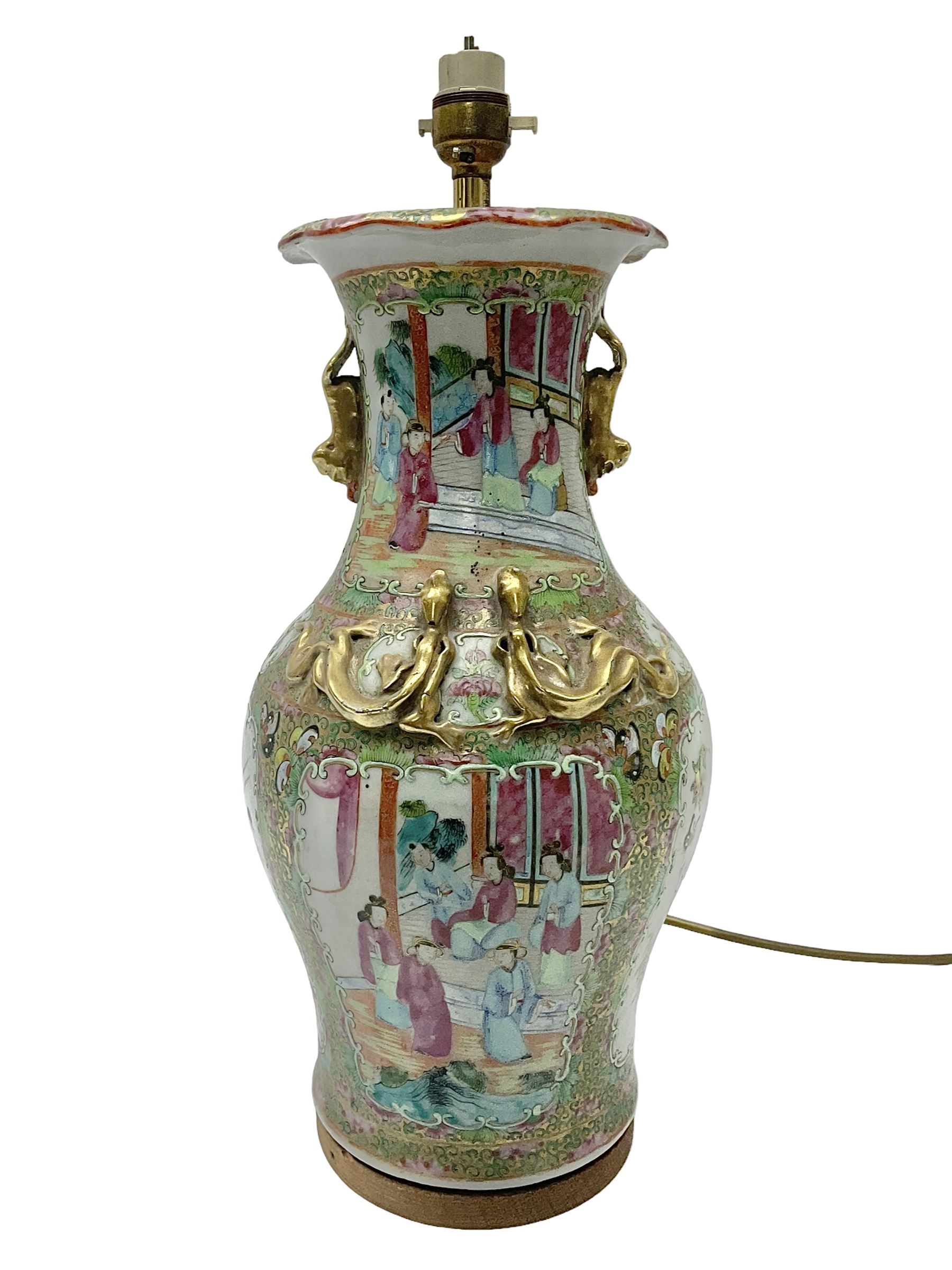 19th century Chinese Canton Famille Rose vase, decorated with figural panels against floral and foliate scroll ground, converted to a lamp, H46cm