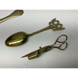 George III oak spoon rack and candle box, the rectangular backplate with shaped  pediment and two six aperture spoon racks, above a candlebox with hinged cover, with various brass spoons and a pair of brass candle snuffers, H56.5cm, W35cm, D14cm 