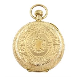 Early 20th century 14ct gold ladies cylinder fob watch, white enamel dial with Roman numeral hour markers, stamped, in velvet and silk lined case