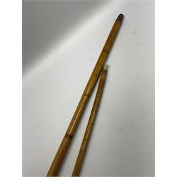 Bamboo walking cane with silver-plate top, L86cm together with a regimental swagger stick with silver plated top