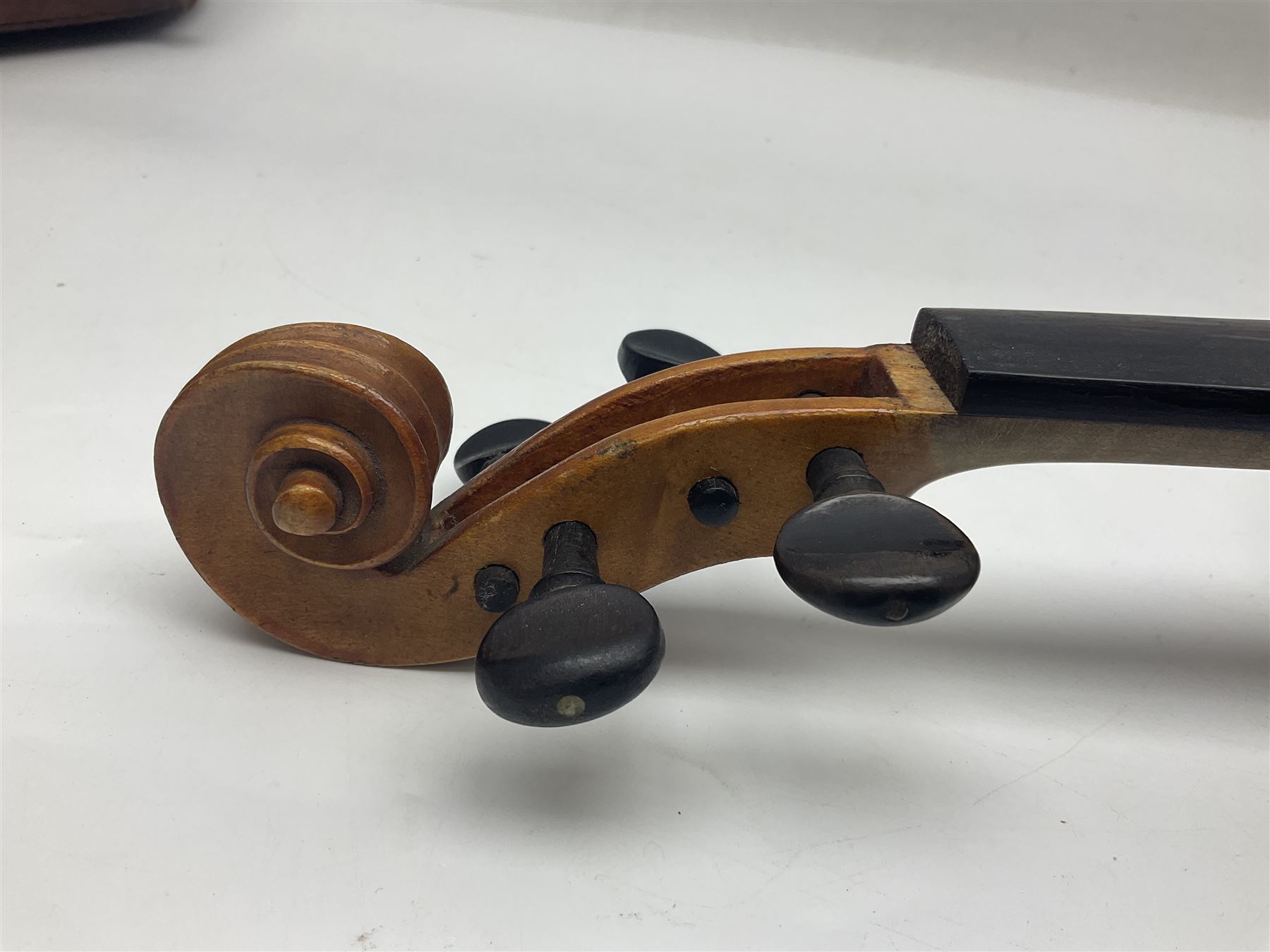 German violin c1900 stamped Stainer with 36cm two-piece maple back and ribs and spruce top L59.5cm overall; in simulated reptile skin carrying case