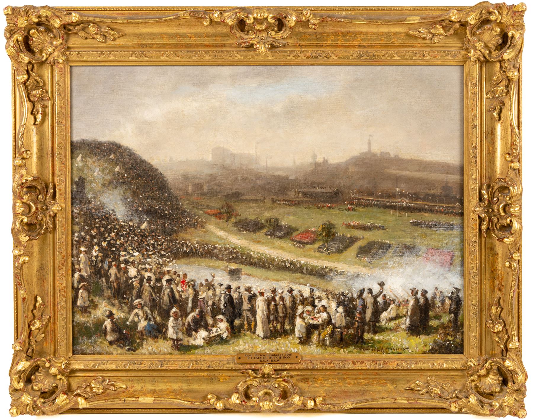 Robert Gemmell Hutchison (British 1855-1936): 'Royal Review Edinburgh - 1905', oil on canvas signed, titled on plaque 36cm x 49cm 
Provenance: private collection, purchased Omell Galleries, London 1990.
Notes: Likely the preparatory oil sketch for the larger version, sold Bonhams Fine Paintings sale, 7th December 2010, Lot 18, for £18,000. 