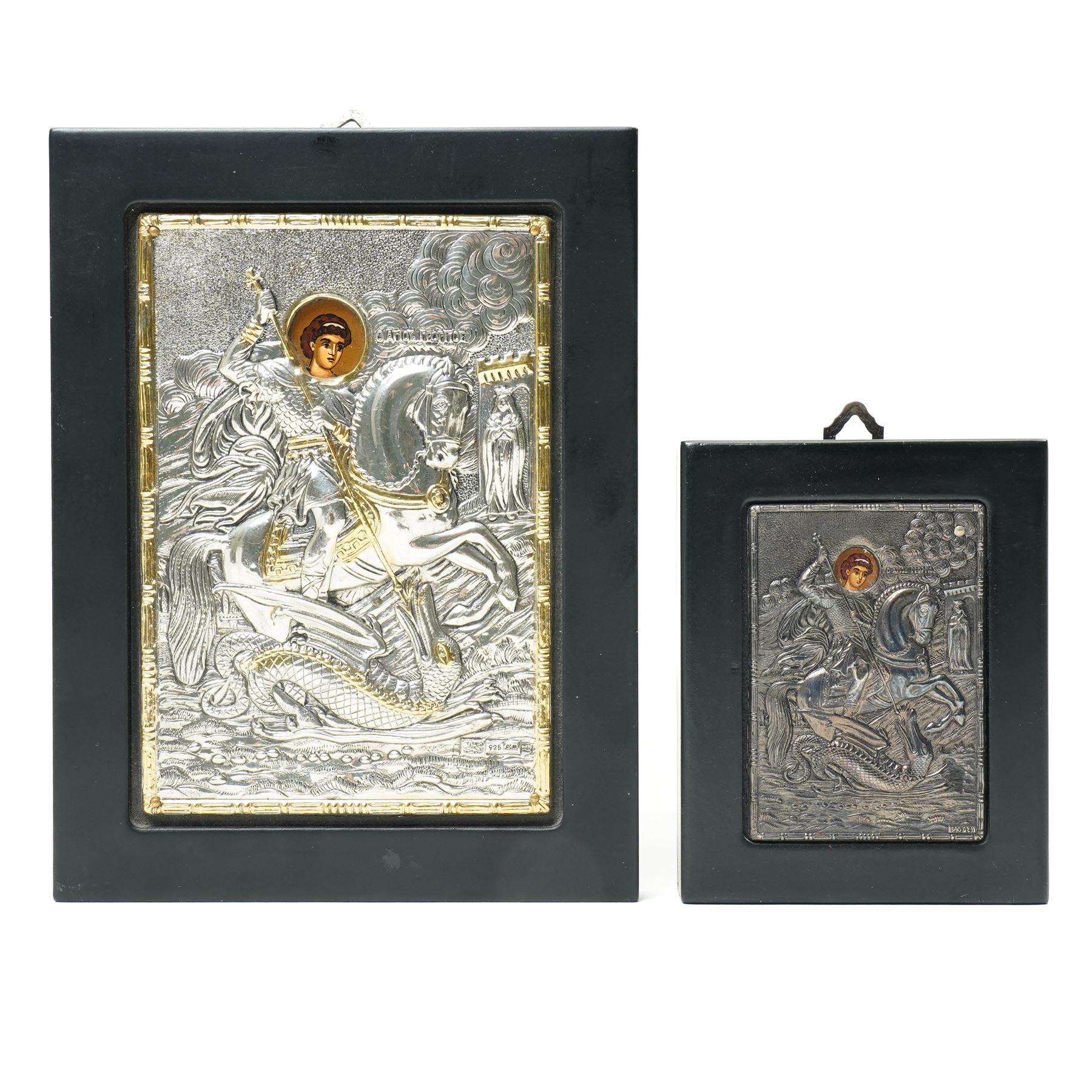 Ciarte - Copy of a silver mounted Byzantine icon of St George, 925 standard 15cm x 10cm, and three smaller silver icons (4)
