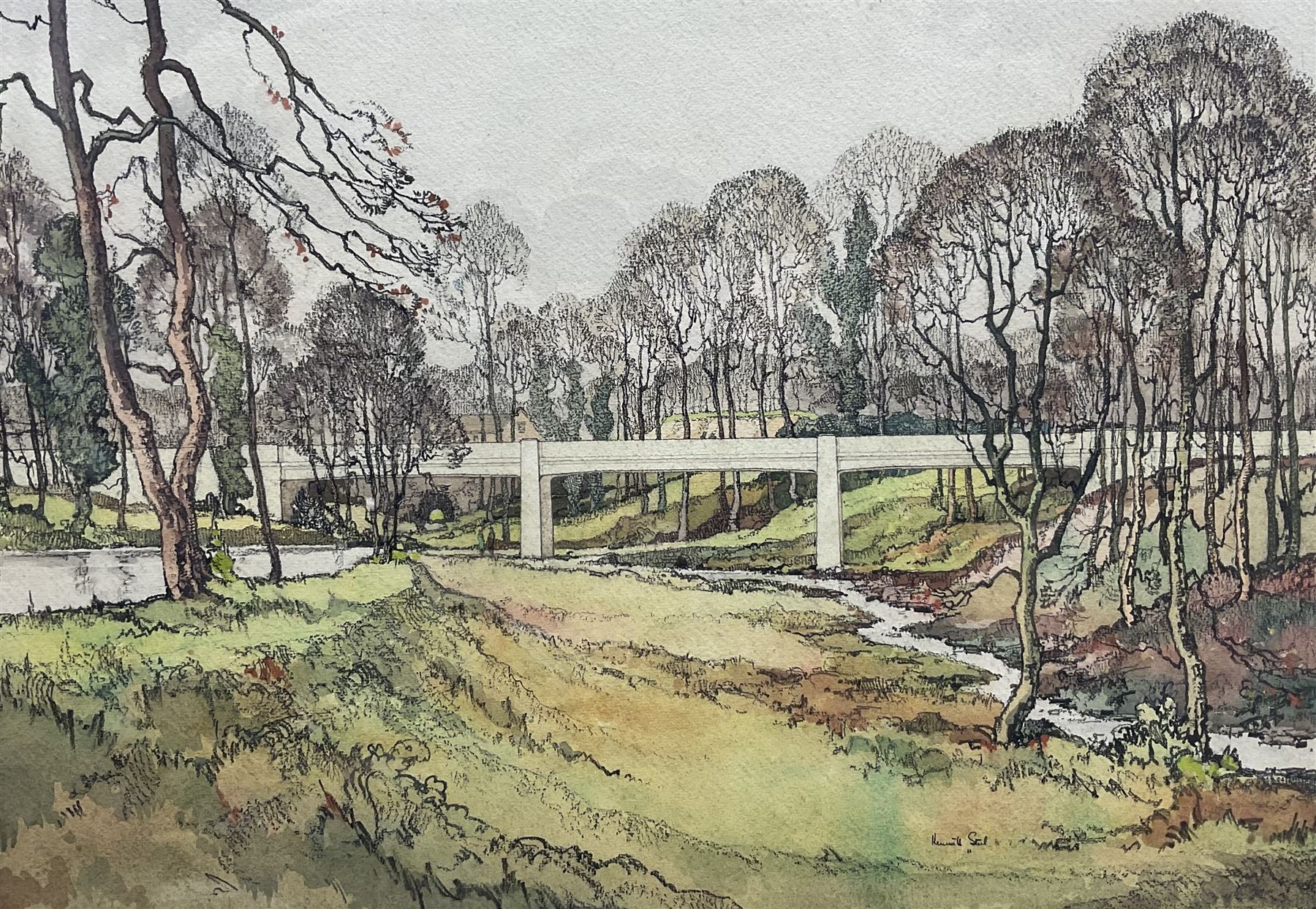 Kenneth Steel (British 1906-1970): Railway Bridge, watercolour and pencil signed 31cm x 45cm 