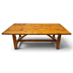 Quality golden figured and burr oak farmhouse refectory dining table, the rectangular plan...