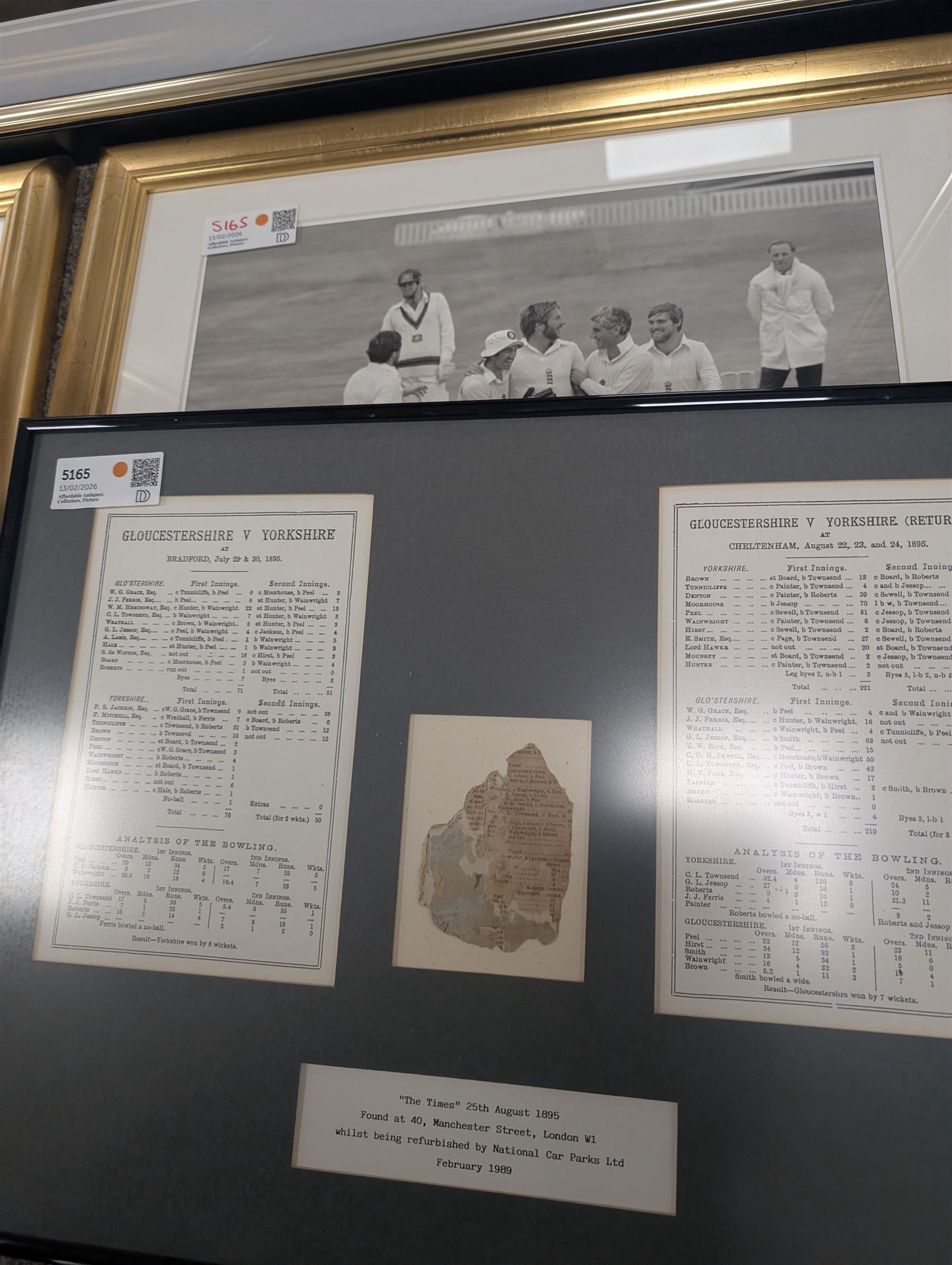 Collection of cricket memorabilia, including three black and white prints of Sir Ian Botham, colour print of Sir Ian Botham, signed limited edition Ashes Winners print, and a framed piece of The Times 1895, all framed, largest H70cm