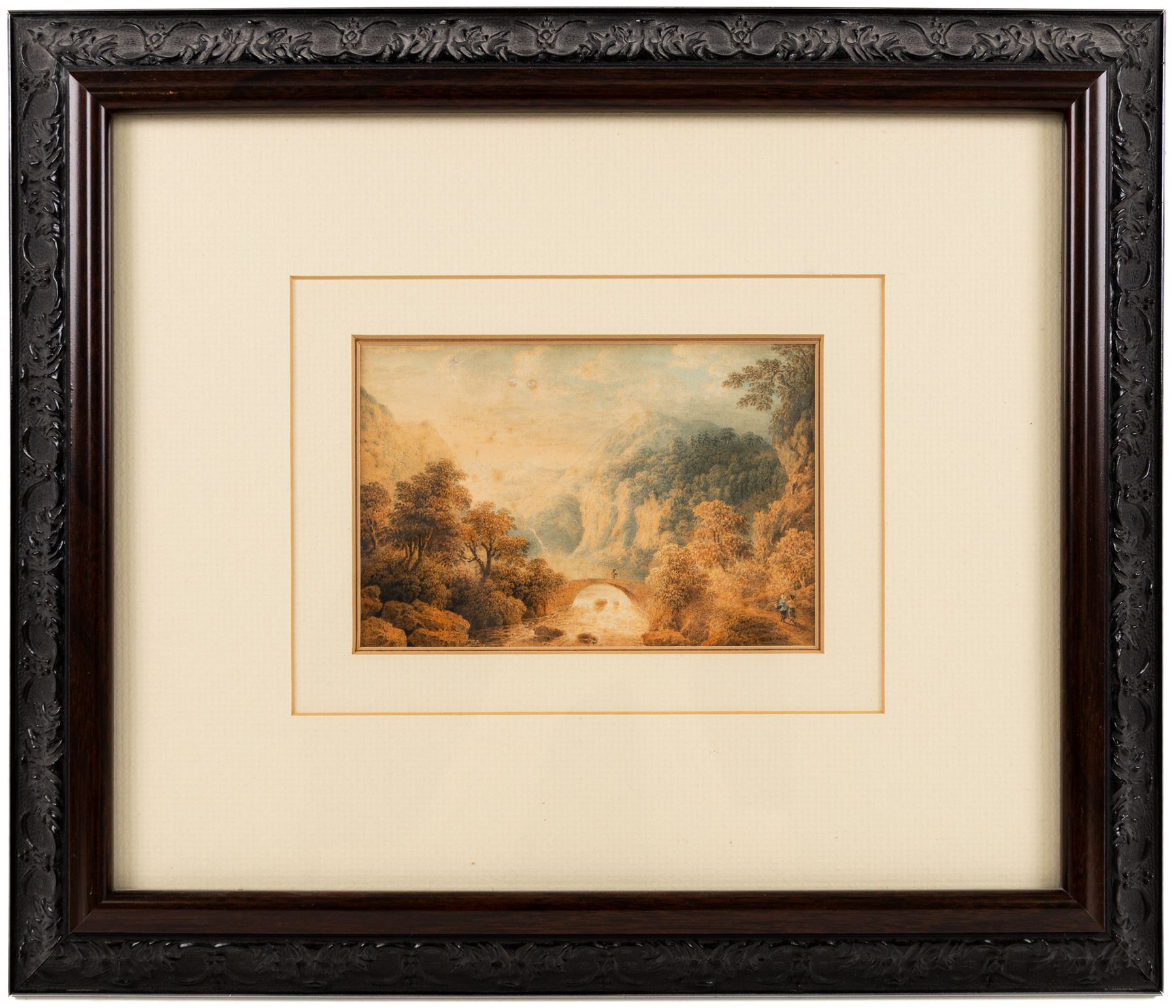William Crouch (British fl.1817-1840): River Landscape with Distant Mountain and Lush Forest, watercolour unsigned 10cm x 15cm