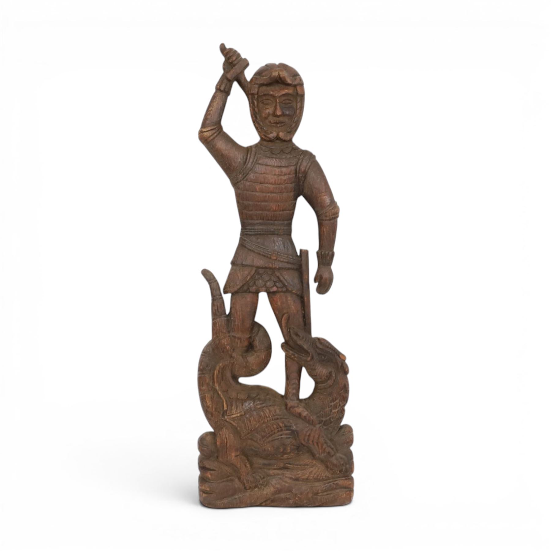 19th century carved oak figure depicting St George and the Dragon, H66cm 