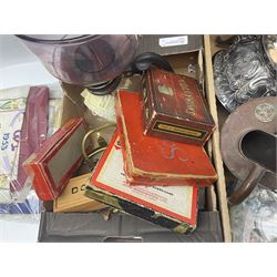 Piquot ware tea set, together with brass candlesticks, fireside tools and other collectables, in two boxes  