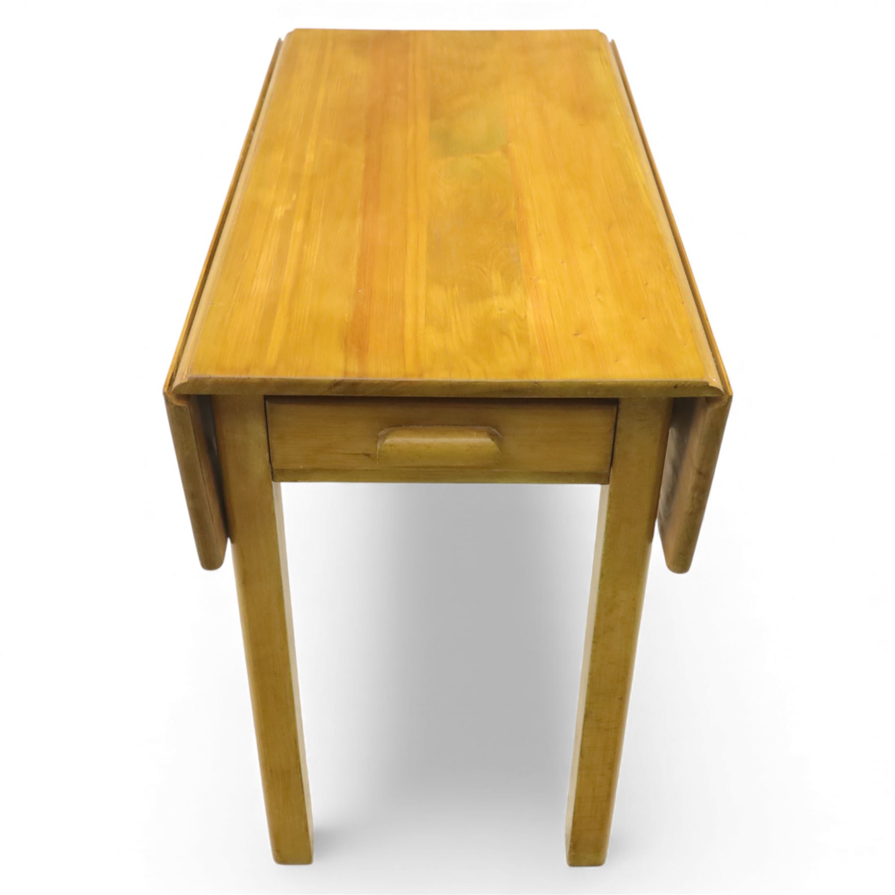 Late 20th century pine kitchen table and two stools, the rectangular drop-leaf table with straight legs, together with two square-topped stools 