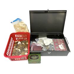 Great British and World coins and medallions, including pre-decimal coinage, commemorative coins and medals, 1951 Festival of Britain crown etc, housed in a cash tin